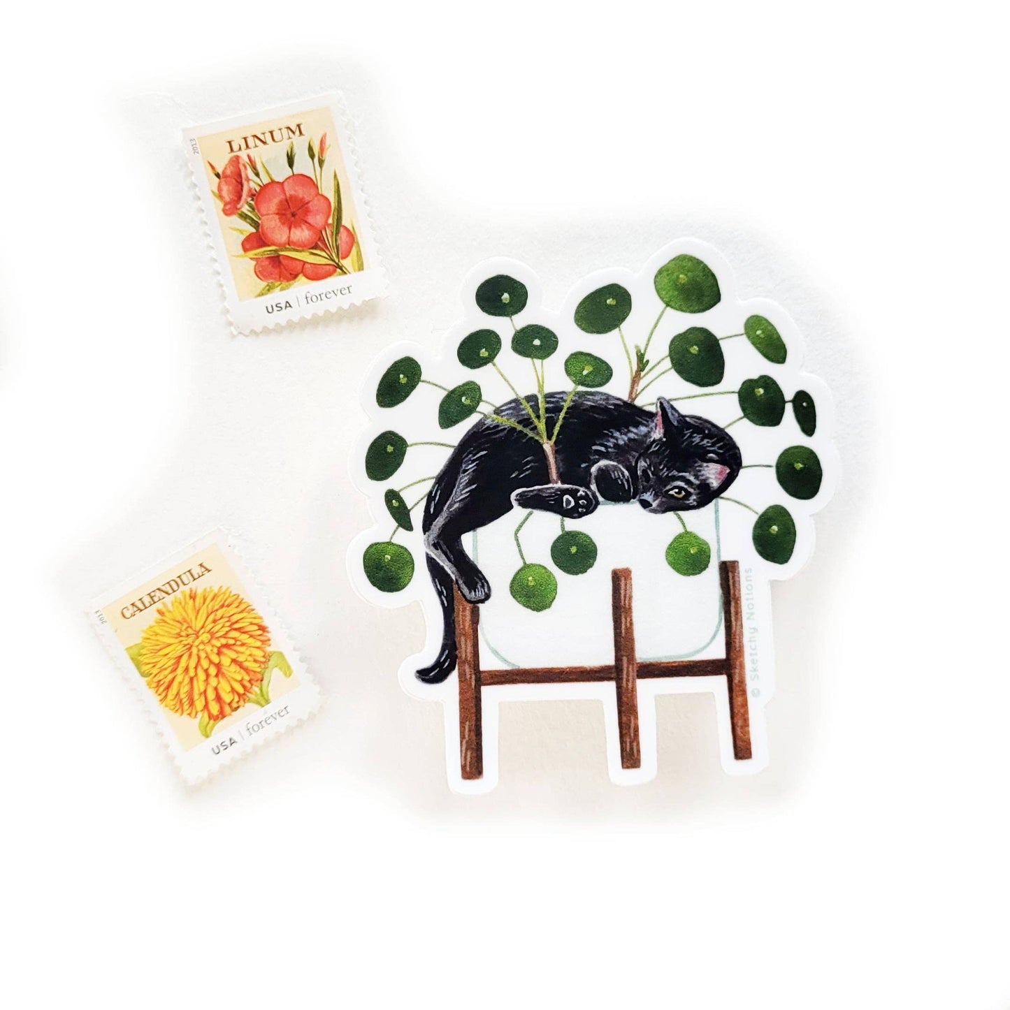 Black Cat & Pilea Plant Vinyl Sticker